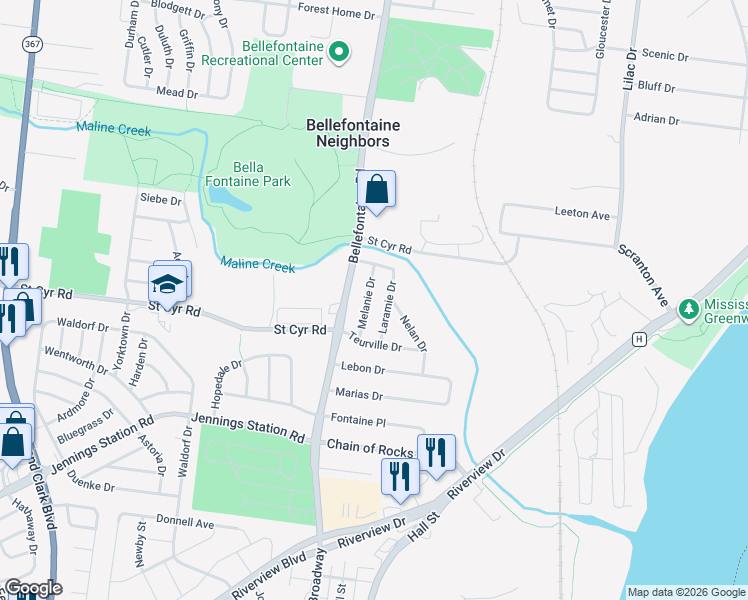 map of restaurants, bars, coffee shops, grocery stores, and more near 9334 Melanie Drive in St. Louis