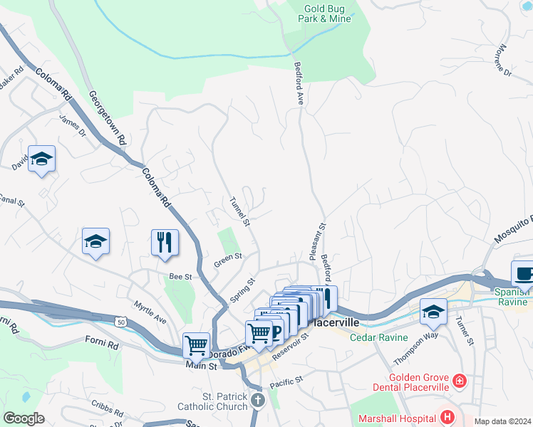 map of restaurants, bars, coffee shops, grocery stores, and more near 935 Robin Court in Placerville