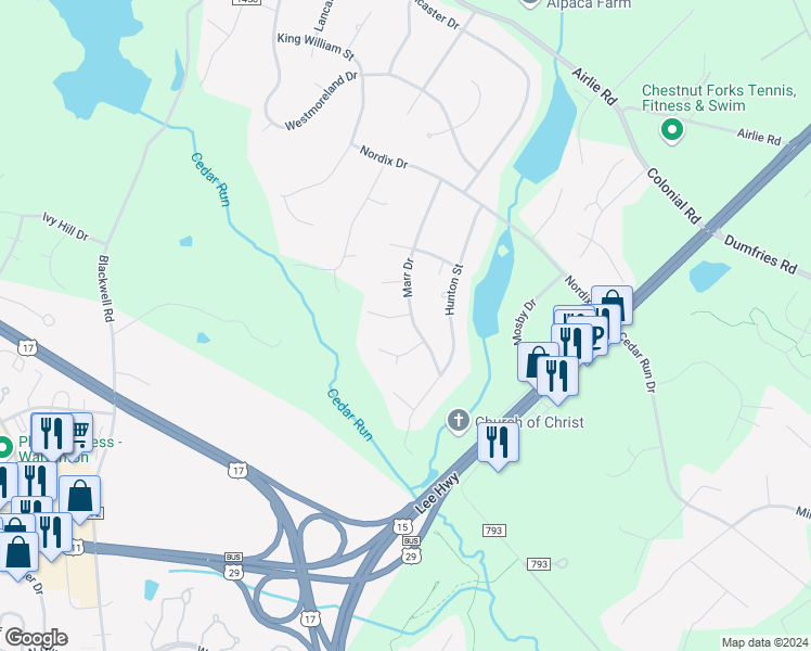 map of restaurants, bars, coffee shops, grocery stores, and more near 7288 Marr Drive in Warrenton