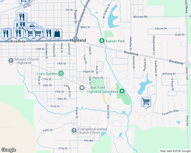 map of restaurants, bars, coffee shops, grocery stores, and more near 1516 Ash Street in Highland