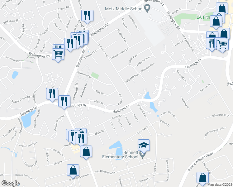map of restaurants, bars, coffee shops, grocery stores, and more near 10334 Poe Drive in Manassas