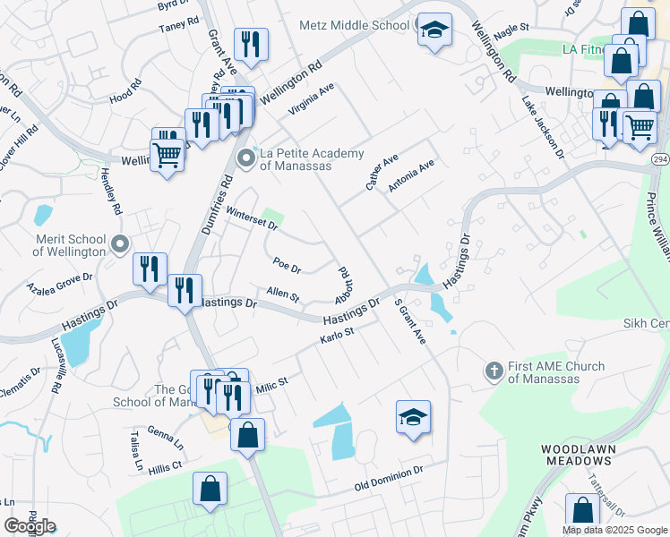 map of restaurants, bars, coffee shops, grocery stores, and more near 10334 Poe Drive in Manassas