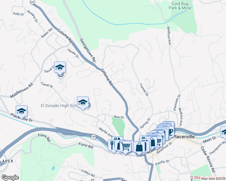 map of restaurants, bars, coffee shops, grocery stores, and more near 2780 Coloma Street in Placerville