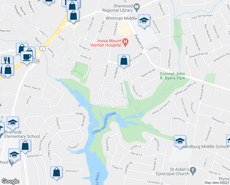 map of restaurants, bars, coffee shops, grocery stores, and more near 8233 Cedar Landing Court in Alexandria
