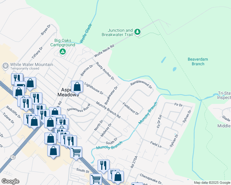 map of restaurants, bars, coffee shops, grocery stores, and more near 12 Breakwater Drive in Rehoboth Beach