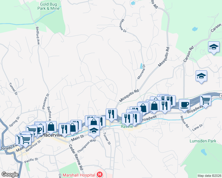 map of restaurants, bars, coffee shops, grocery stores, and more near 2885 Anderson Way in Placerville