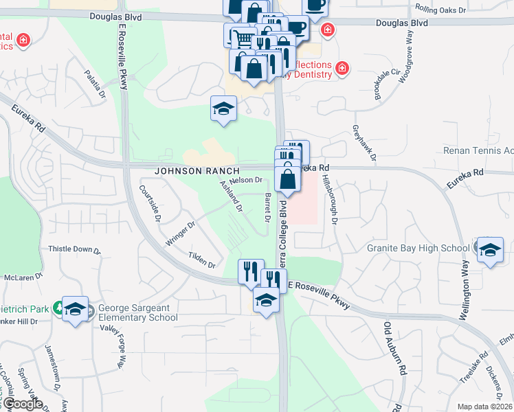 map of restaurants, bars, coffee shops, grocery stores, and more near 2885 Barret Drive in Roseville