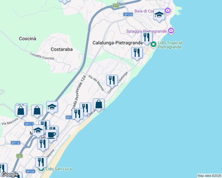 map of restaurants, bars, coffee shops, grocery stores, and more near 18 Contrada Calalunga in Calalunga-pietragrande
