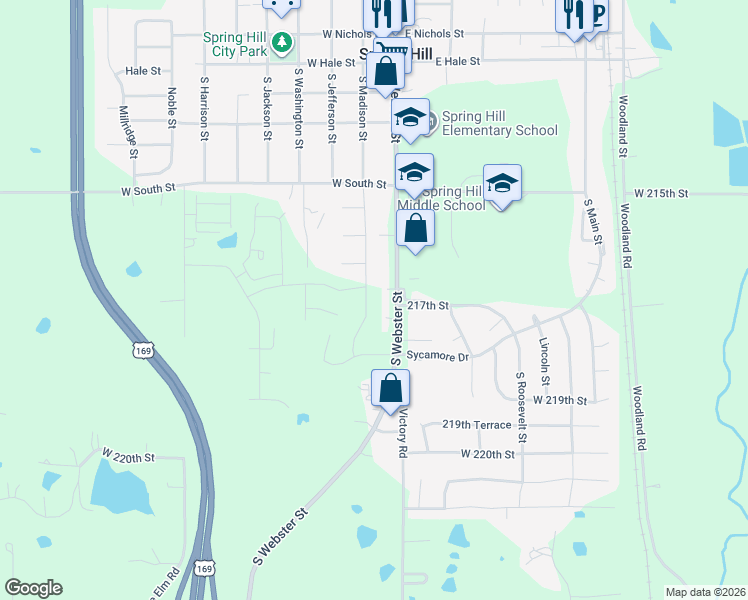 map of restaurants, bars, coffee shops, grocery stores, and more near South Madison Street in Spring Hill