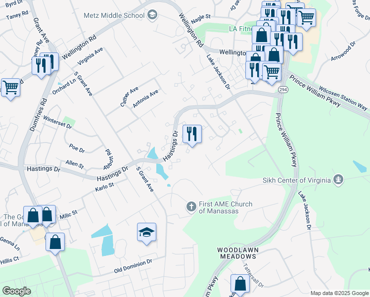 map of restaurants, bars, coffee shops, grocery stores, and more near 10270 Windgate Court in Manassas