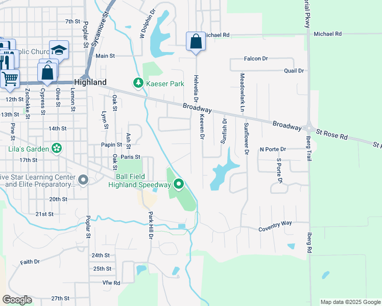 map of restaurants, bars, coffee shops, grocery stores, and more near 1601 Paradise Drive in Highland