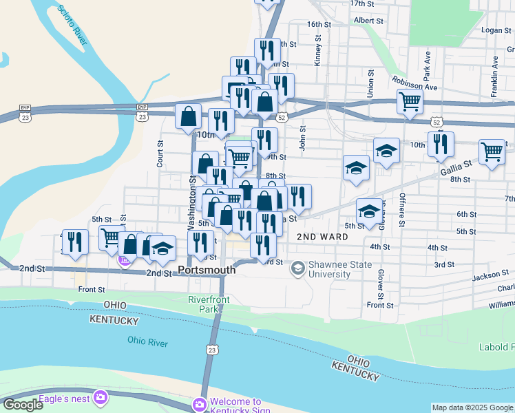 map of restaurants, bars, coffee shops, grocery stores, and more near 615 Gay Street in Portsmouth