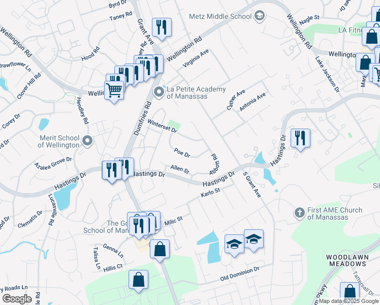 map of restaurants, bars, coffee shops, grocery stores, and more near 10317 Poe Drive in Manassas