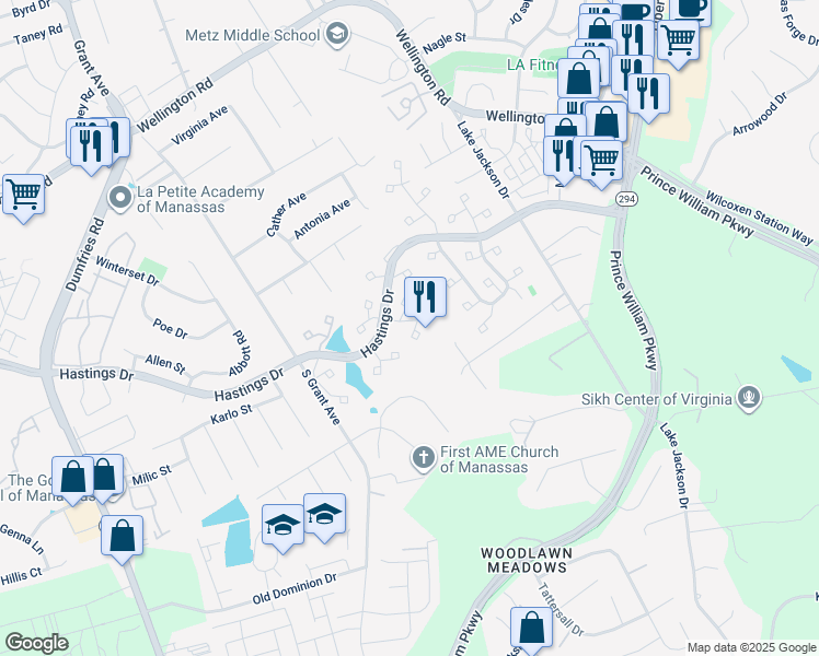 map of restaurants, bars, coffee shops, grocery stores, and more near 10270 Windgate Court in Manassas