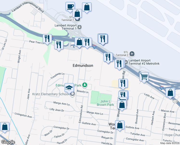 map of restaurants, bars, coffee shops, grocery stores, and more near 4512 Otis Drive in St. Louis