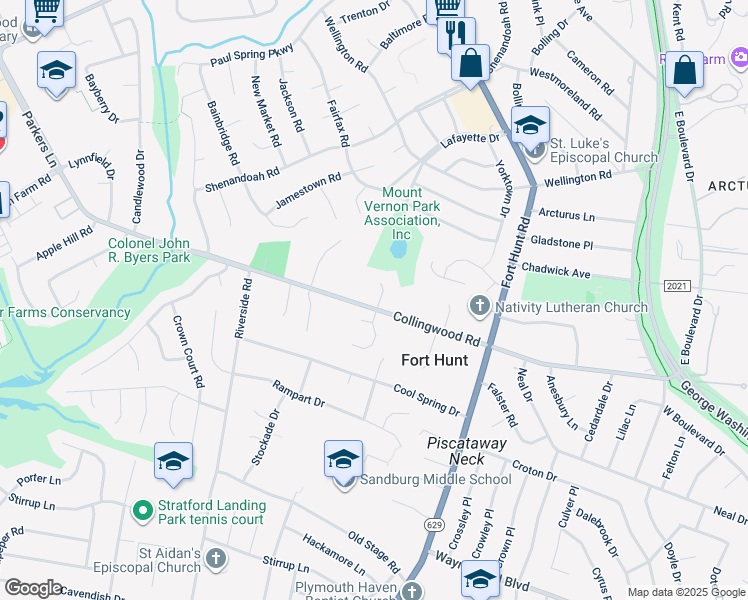 map of restaurants, bars, coffee shops, grocery stores, and more near 1700 Collingwood Road in Alexandria