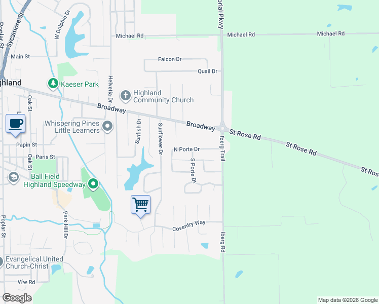 map of restaurants, bars, coffee shops, grocery stores, and more near 55 Warbler Drive in Highland