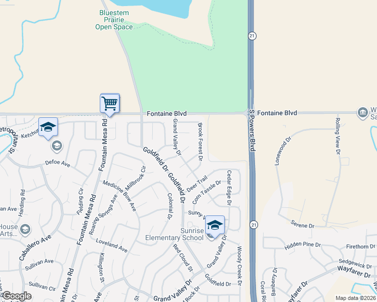 map of restaurants, bars, coffee shops, grocery stores, and more near 7520 Dove Creek Circle in Colorado Springs