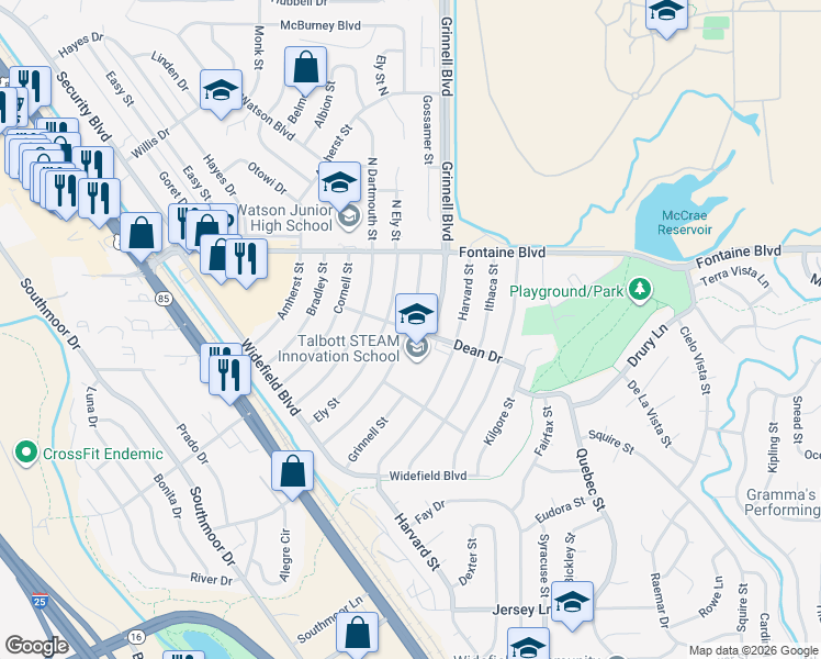 map of restaurants, bars, coffee shops, grocery stores, and more near 124 Fordham Street in Colorado Springs