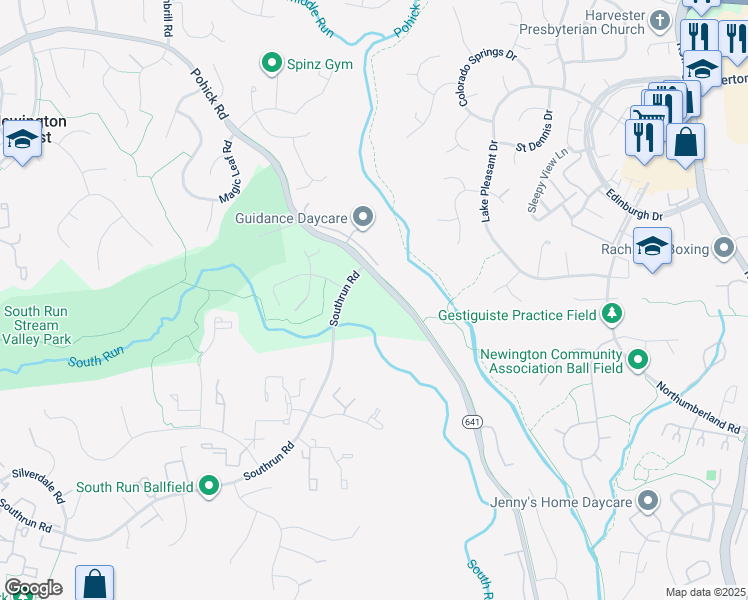 map of restaurants, bars, coffee shops, grocery stores, and more near 8201 Southrun Road in Springfield