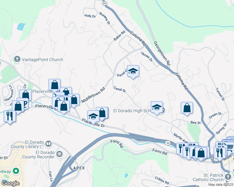 map of restaurants, bars, coffee shops, grocery stores, and more near 2823 Canal Court in Placerville