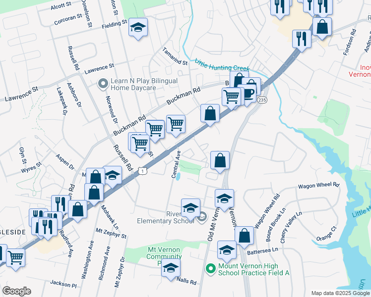 map of restaurants, bars, coffee shops, grocery stores, and more near 8368 Hunter Murphy Circle in Alexandria