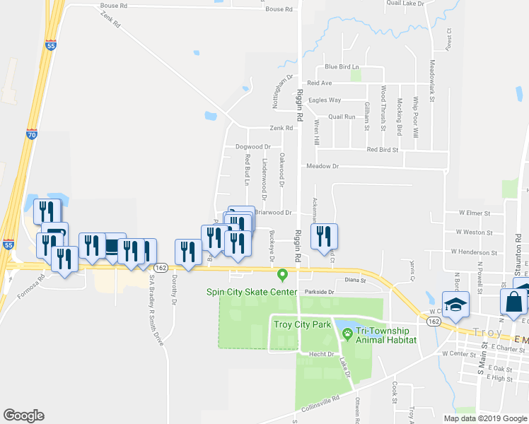 map of restaurants, bars, coffee shops, grocery stores, and more near 401 Lindenwood Drive in Troy