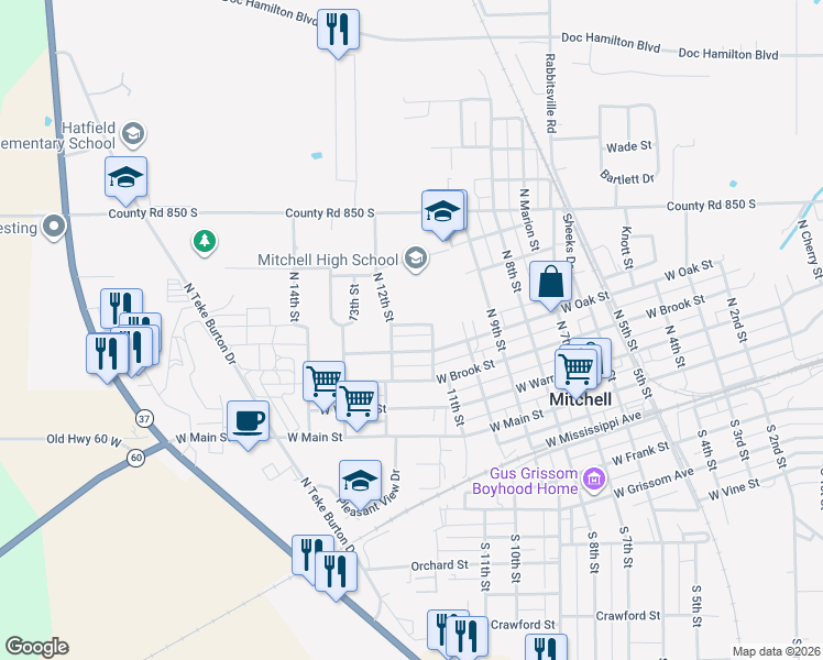 map of restaurants, bars, coffee shops, grocery stores, and more near 1101 West Oak Street in Mitchell
