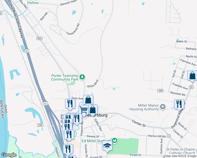 map of restaurants, bars, coffee shops, grocery stores, and more near 309 Shela Boulevard in Wheelersburg