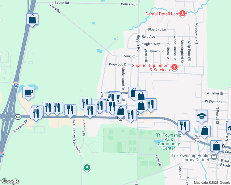 map of restaurants, bars, coffee shops, grocery stores, and more near 400 Red Bud Lane in Troy