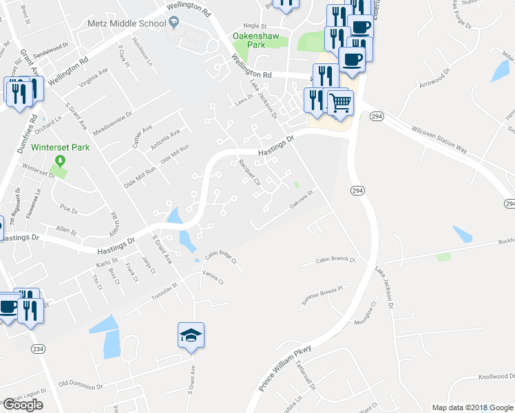 map of restaurants, bars, coffee shops, grocery stores, and more near 10244 Racquet Circle in Manassas