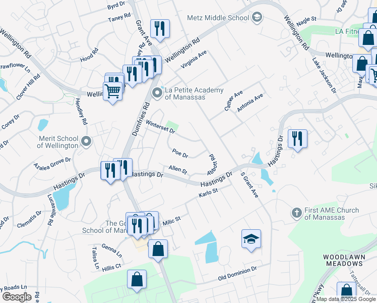 map of restaurants, bars, coffee shops, grocery stores, and more near 10317 Poe Drive in Manassas