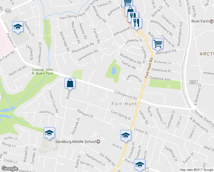 map of restaurants, bars, coffee shops, grocery stores, and more near 1700 Collingwood Road in Alexandria