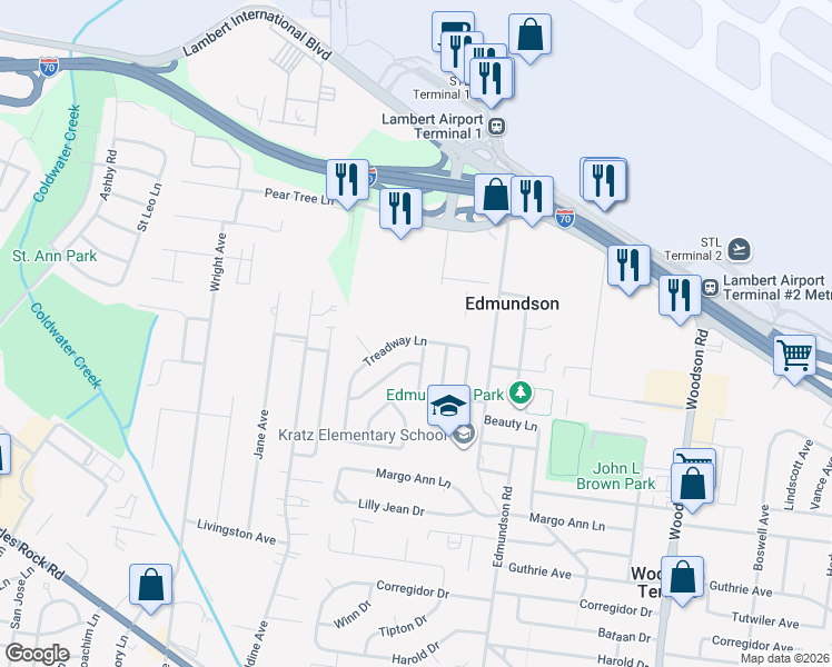 map of restaurants, bars, coffee shops, grocery stores, and more near 9749 Treadway Lane in St. Louis