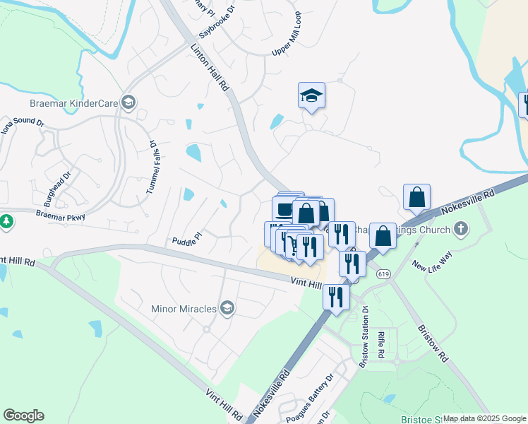 map of restaurants, bars, coffee shops, grocery stores, and more near 10011 Umbrella Place in Nokesville