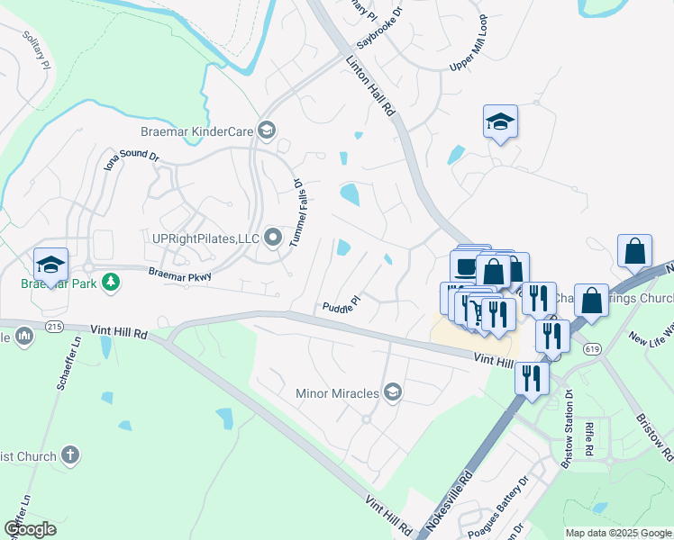 map of restaurants, bars, coffee shops, grocery stores, and more near 10219 Aqua View Court in Nokesville