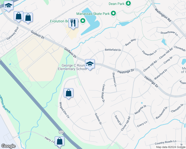 map of restaurants, bars, coffee shops, grocery stores, and more near 10100 Hastings Drive in Manassas
