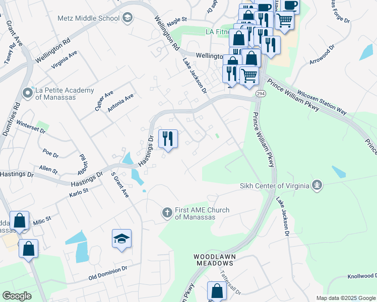 map of restaurants, bars, coffee shops, grocery stores, and more near 10244 Racquet Circle in Manassas