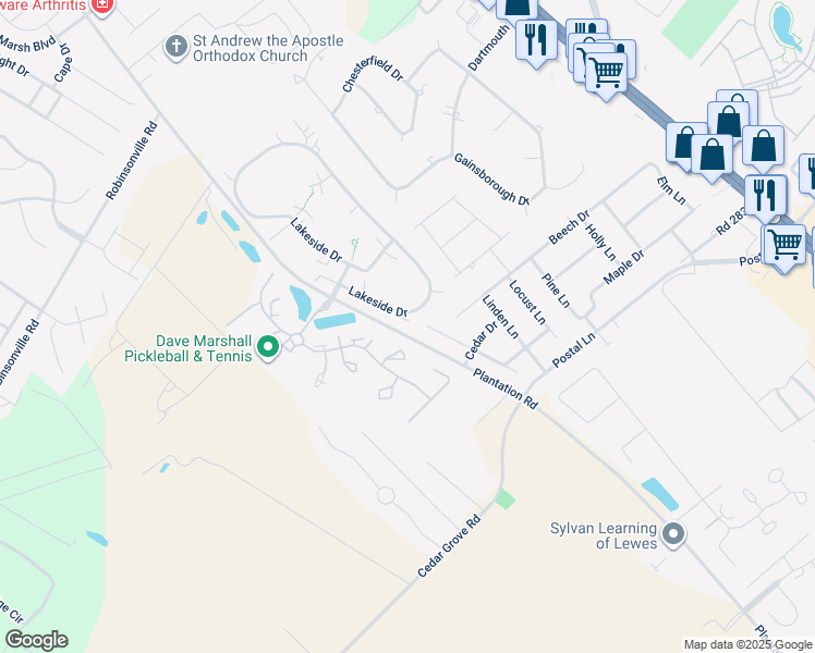 map of restaurants, bars, coffee shops, grocery stores, and more near 147 Lakeside Drive in Lewes