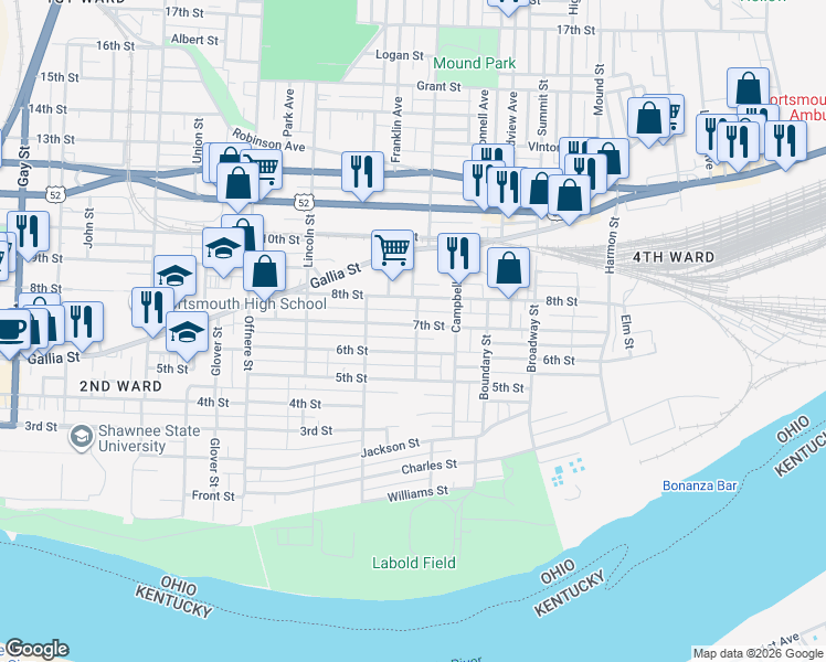 map of restaurants, bars, coffee shops, grocery stores, and more near 1805 6th Street in Portsmouth