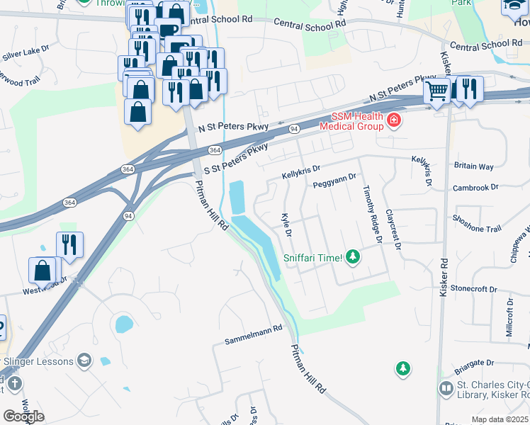 map of restaurants, bars, coffee shops, grocery stores, and more near Shirley Ridge Court in St. Charles County
