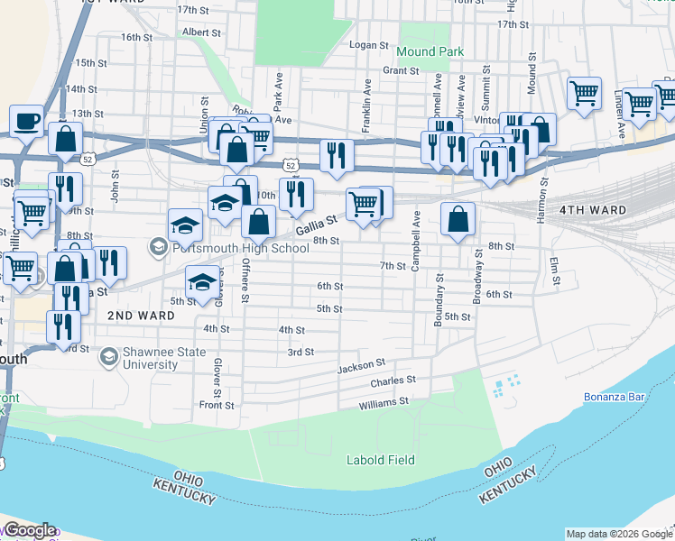 map of restaurants, bars, coffee shops, grocery stores, and more near 1646 6th Street in Portsmouth