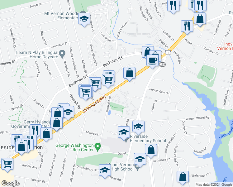 map of restaurants, bars, coffee shops, grocery stores, and more near 8356 Hunter Murphy Circle in Alexandria