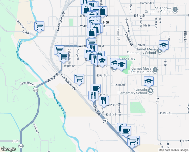 map of restaurants, bars, coffee shops, grocery stores, and more near 900 Main Street in Delta