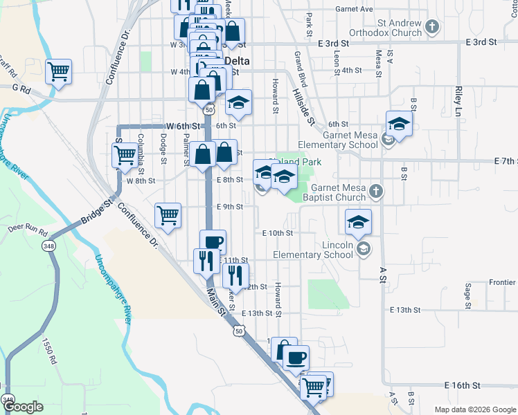 map of restaurants, bars, coffee shops, grocery stores, and more near 900-998 Grand Avenue in Delta