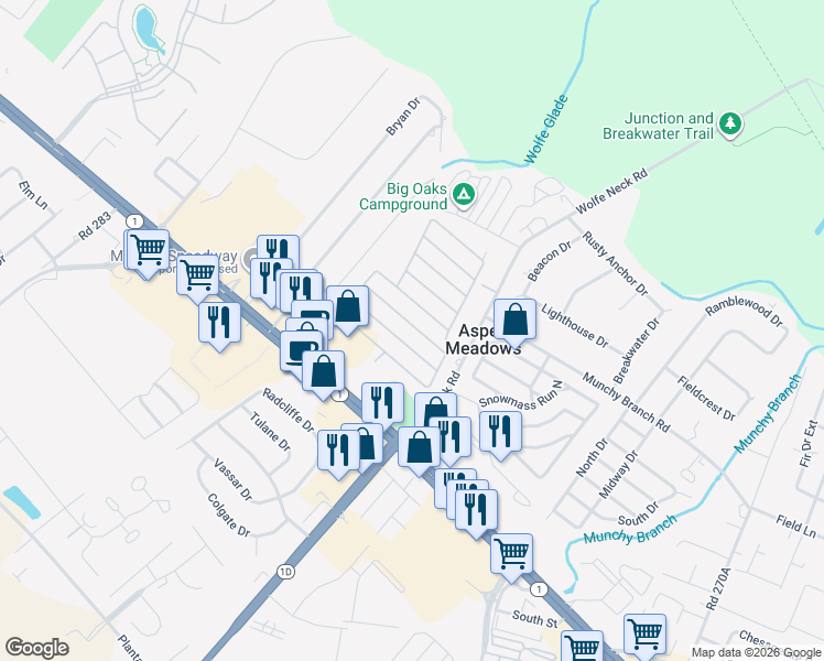 map of restaurants, bars, coffee shops, grocery stores, and more near 41 Lantern Lane in Rehoboth Beach