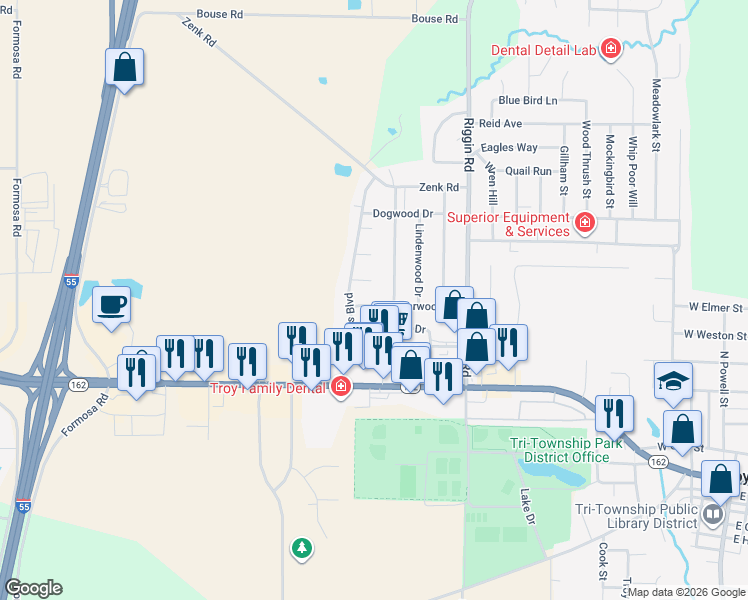 map of restaurants, bars, coffee shops, grocery stores, and more near 525 Buckeye Drive in Troy