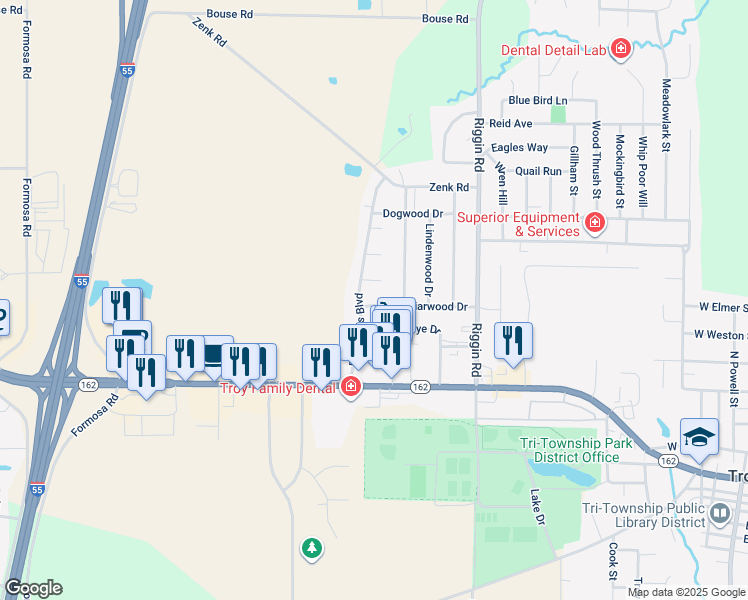 map of restaurants, bars, coffee shops, grocery stores, and more near 335 Bargraves Boulevard in Troy