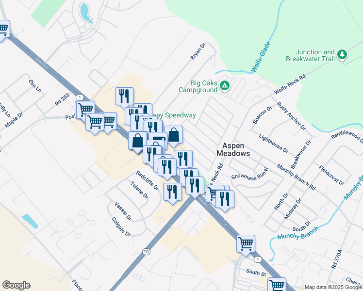 map of restaurants, bars, coffee shops, grocery stores, and more near 16 Colonial Lane in Rehoboth Beach