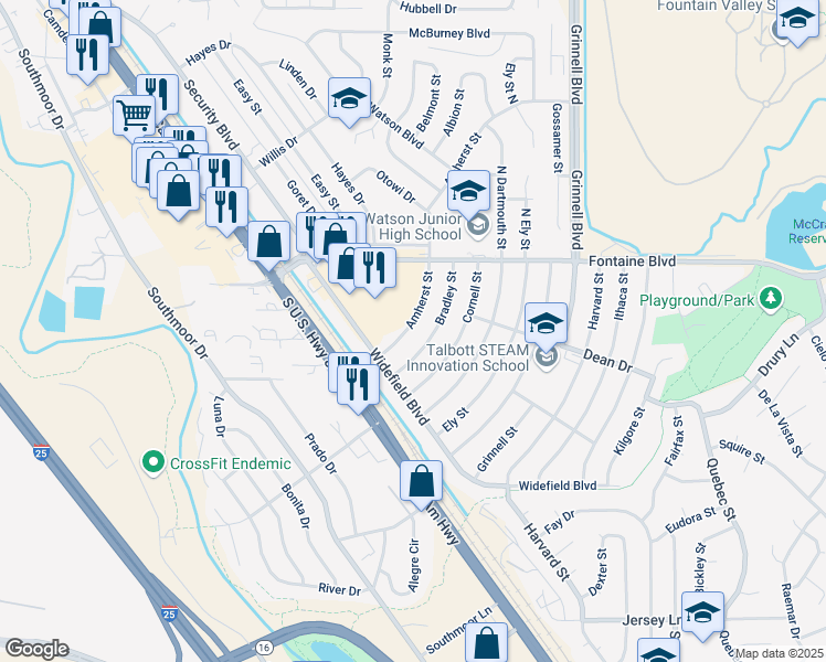 map of restaurants, bars, coffee shops, grocery stores, and more near 123 Amherst Street in Colorado Springs